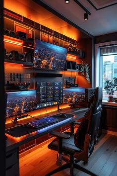 #gameroom #gamingcave #gamedesign #gamerlife #gamingsetup #homedecor #interiordesign #gamingideas #gamerroom #manCave House Office Ideas Modern, Game Pc Setup, Classy Gaming Room, Home Office Graphic Designer, Gaming Desk Design, Home Office With Multiple Monitors, Game Office Room, Gaming Room Design Ideas, Game Studio Office