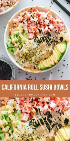 this california roll sushi bowl is loaded with fresh vegetables, avocado, and sesame seeds