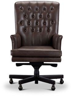 an office chair with brown leather upholstered on the back and black casteors