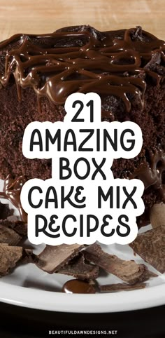 a cake with chocolate frosting on top and the words amazing box cake mix recipes above it