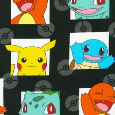 the pokemon characters are all different colors and sizes on this black background with white squares