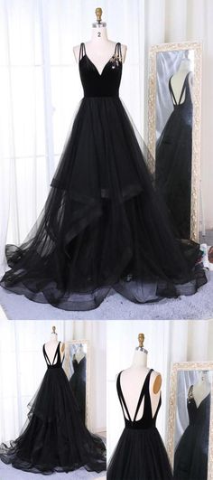 Black Wedding Dress Deep V Neck, Black V-neck Evening Dress With Sweep Train, Black Floor-length Tulle Evening Dress, Black Tulle Floor-length Evening Dress, Black Tulle Floor-length Maxi Dress, Black Prom Dress, Long Prom Dresses, Black Prom, Dresses Uk