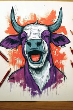 Vibrant graffiti drawing of a cow with bold colors in purple and orange, easy graffiti drawings animals.