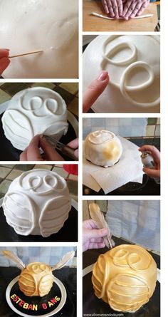 there are pictures of how to make a cake with fondant icing on it