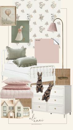 a collage of furniture and wallpaper with pictures on it