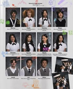 a group of young people in school uniforms posing for a photo with their name written on them