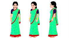 three different views of a woman wearing a green sari