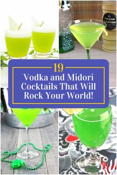 Collage of 4 vodka and midori cocktails. Midori Shots, Midori Cocktails Recipes, Midori Martini, Mint Alcoholic Drinks, Midori Sour Recipe, Midori Drinks, Midori Cocktails, Apple Cocktail Recipes, Vodka Sprite