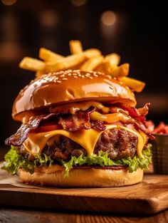 a cheeseburger with bacon and lettuce on a cutting board next to french fries