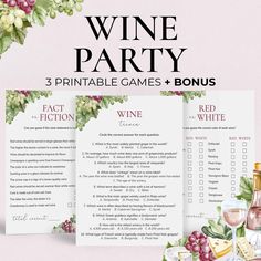 the wine party game is being displayed on top of a pink background with flowers and other items