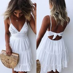 Sexy Lace Dresses Women Spaghetti Strap White Dress Summer Beach Mini Party Dress A-line V-neck Bohe Spaghetti Strap White Dress, White Beach Dress Summer, Hair Twists, Mini Party Dress, Natural Hair Twists, Strap Dresses, Mini Sundress, Spaghetti Strap Mini Dress, Mini Dress Fashion