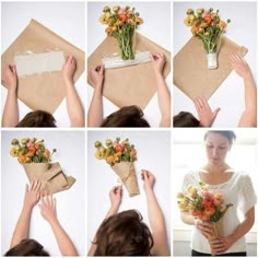 the process of making a flower bouquet out of brown paper and wrapping it with some flowers