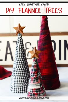 three christmas trees made out of plaid fabric and wooden stars with text overlay that says easy christmas craft diy flannel trees