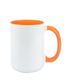 a white and orange coffee mug with an orange rim sits on a white table top