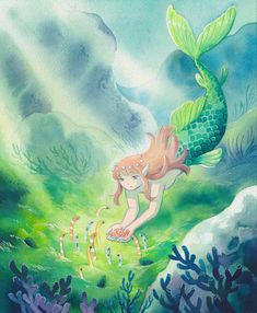 a painting of a little mermaid swimming in the ocean