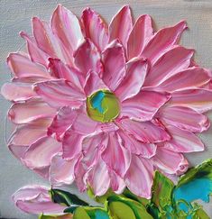 a painting of a pink flower with green leaves on the bottom and blue flowers in the middle