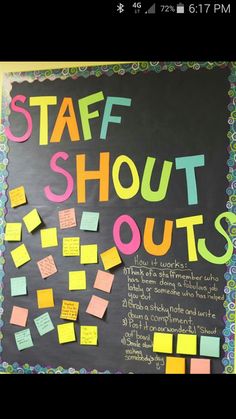 a bulletin board with post - it notes on it and the words staff shut out