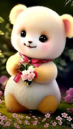 a white teddy bear sitting on top of a lush green field filled with pink flowers