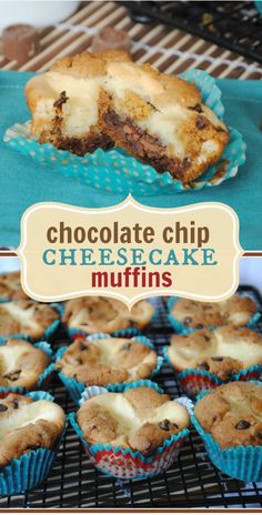 chocolate chip cheesecake muffins on a cooling rack with the title above it