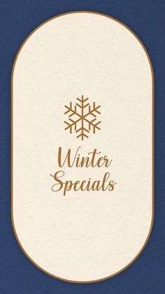 the logo for winter specials is shown in gold and white on a dark blue background