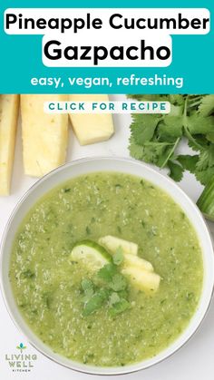 a white bowl filled with green soup next to cheese and cilantro