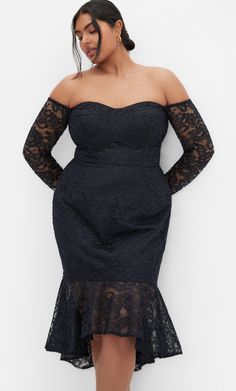 Designed with your curves in mind, the Athena Lace Dress highlights your figure like nothing else. Designed with an over-all lace fabrication, subtle boning and an off-shoulder sweetheart neckline, this dress is made to make hearts flutter. Key Features Include: - Off-shoulder sweetheart neckline - Elasticated neckline with gel lining - Subtle boning - Long sleeves - Invisible back zip closure - Lined - Over-all lace fabrication - Ruffle hemline - Midi length Partner with embellished heels. | Pl Chic Black Lace Dress With Sweetheart Neckline, Navy Blue Lace Midi Dress, Black Lace Dress Short Plus Size, Luxury A-line Midi Dress With Scalloped Lace, Navy Midi-length Dress With Ruffles, Maxi Bodycon Dress, Dresses Date Night, Evening Dresses Online, Embellished Heels