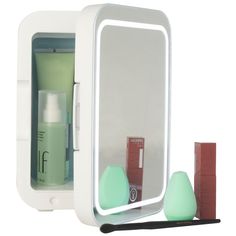 Keep cosmetics or beverages at the perfect temperature with the Mini Skincare Fridge by Home-Complete. This small fridge is big on versatility, warming or cooling its contents to maintain a temperature of 35.6°F (2°C) - 149°F (65°C) so you can enjoy a chilled sheet mask along with a cold can of your favorite beverage in the summer, or have a spa-like experience at home with gently warmed face towels and body creams. This portable fridge can also be used in your vehicle thanks to the included car Skin Care Mini Fridge, Skincare Mini Fridge, Mini Skincare Fridge, Wood Makeup Organizer, Skin Care Fridge, Mini Skincare, Small Fridge, Skincare Fridge, Retro Refrigerator