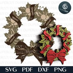 a christmas wreath with red bows on it and the words svg dxf png