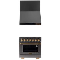 an oven and stove top are shown in two different positions, one with gold knobs