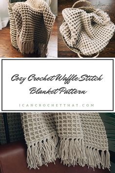 Cozy waffle stitch crochet blanket with fringes, displayed on a wooden surface and a sofa. Crochet Waffle Stitch Blanket, Waffle Stitch Blanket, Quick Crochet Blanket, Crochet Waffle, Textured Blanket, Blanket With Fringe, Crochet Waffle Stitch, Crochet Throw Pattern, Textured Crochet