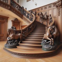 a staircase with statues and horses on it