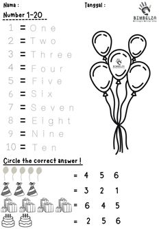 a worksheet for numbers 1 - 20 with balloons and gifts on the table