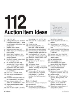 an advertisement for auction items in black and white with the words auction item ideas on it