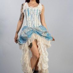 You Can Style This Bodacious Steampunk Or Gothic Dress From Burleska, For Just About Any Occasion! Well Constructed, Bone Corset In The Front Of Dress, Absolutely Gorgeous Garment In Blue Cream Jacquard Color. This Versailles Corset Jacquard Dress Has Lace Detailing, Ribbon And Lace Frills Detail, Back Lace Fastening With Modesty Panel. Pre-Owned Tried On But Never Used. Size 32, Since The Back Panel Laces Up Can Work With Many Sizes. Tighten Or Loosen Strings. Would Gage Aprox Sizes 10-14. Firs Rococo Corset, Bone Corset, Rococo Wedding, Sabrina Concert, Olivia Sabrina, Mermaid Pirate, Pirate Fashion, Brocade Dress, Modesty Panel