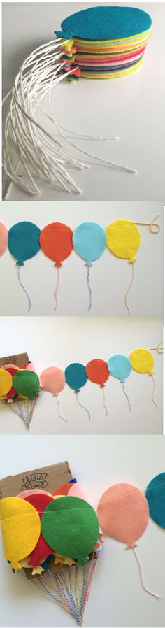 several images of different colored balloons hanging from strings and paper plates with string attached to them