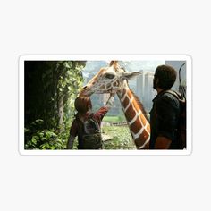 two people petting a giraffe in front of trees and bushes sticker