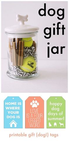 a glass jar filled with lots of different items next to the words dog gift jar