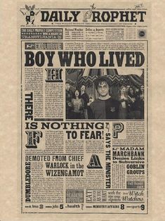 an old newspaper with the words boy who lived in it and pictures of people on it