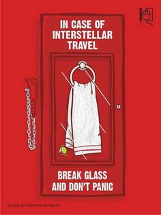 a red book cover with an image of a towel hanging on a door and the words in case of intersteular travel