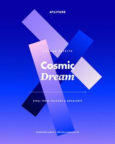 the cover for cosmic dream, featuring blue and purple shapes with white letters on it