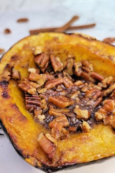 a close up of a plate of food with pecans