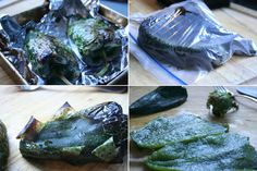 four different pictures of vegetables wrapped in plastic and sitting on a cutting board next to a knife