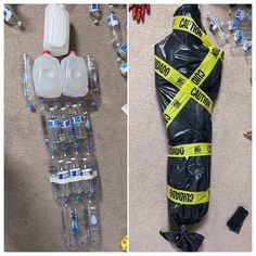 two pictures side by side, one with plastic bottles and the other with caution tape on it