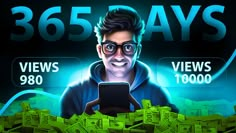 a man holding a tablet surrounded by stacks of money with the words 360 days on it