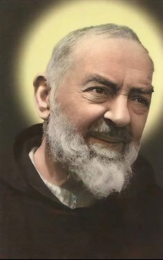 an old man with a white beard wearing a black shirt and standing in front of a halo