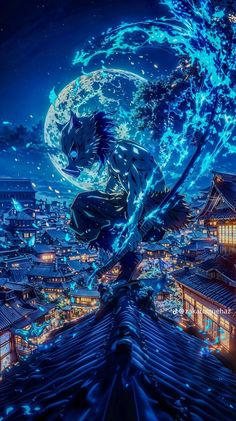 an anime scene with a man on top of a building and the moon in the sky