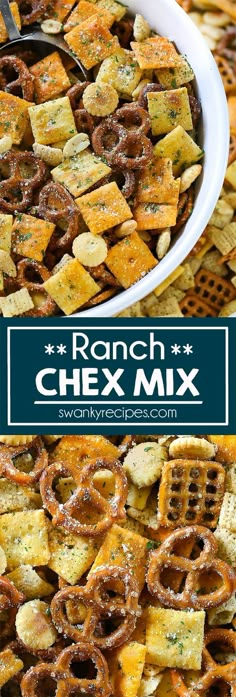 ranch chex mix in a white bowl with a spoon on top and the title overlay reads ranch chex mix