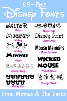 the disney and mickey mouse font is shown in this image, with different font styles for each