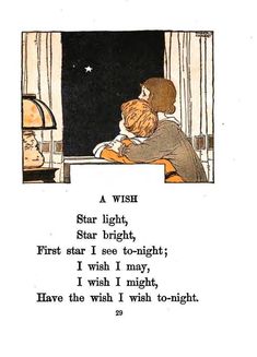 an image of a child looking out the window at stars in the sky with words written below