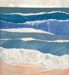 an abstract painting with blue and white waves on it's sides, in the sand